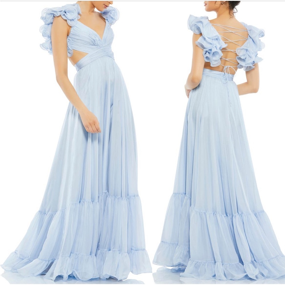 Mac Duggal Ruffle Tiered Chiffon Gown in Powder Blue